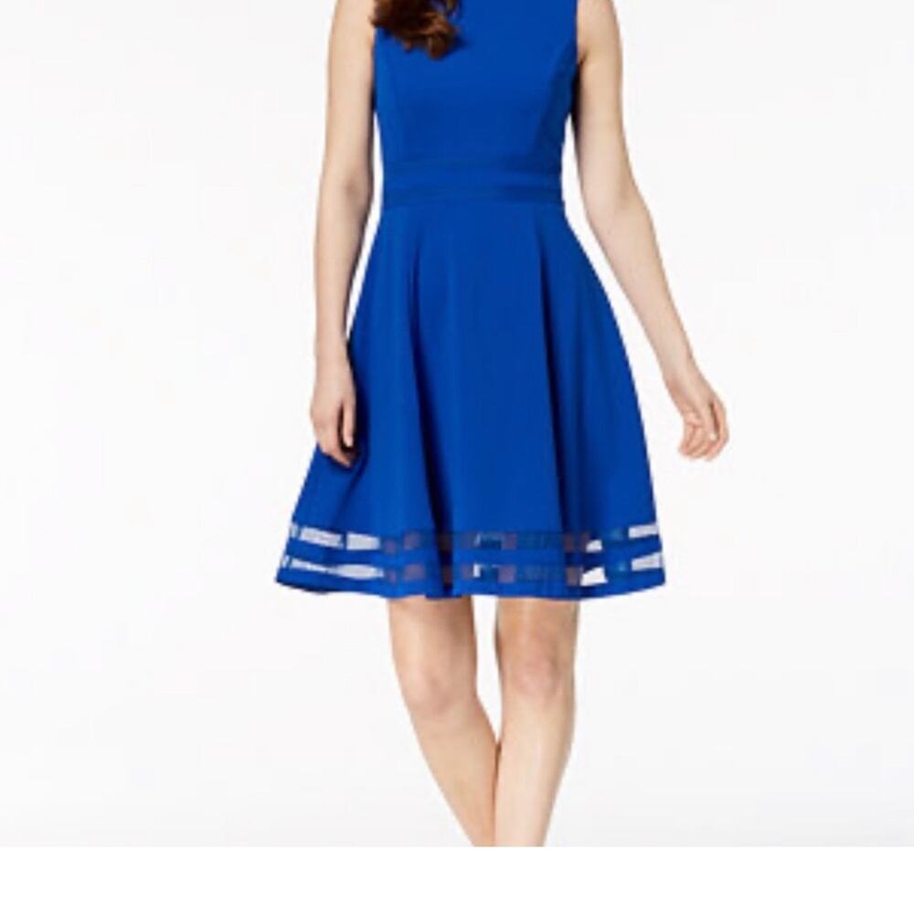Calvin Klein Scuba Fit & Flare Mesh Trim Dress Women's 10 Bright Blue